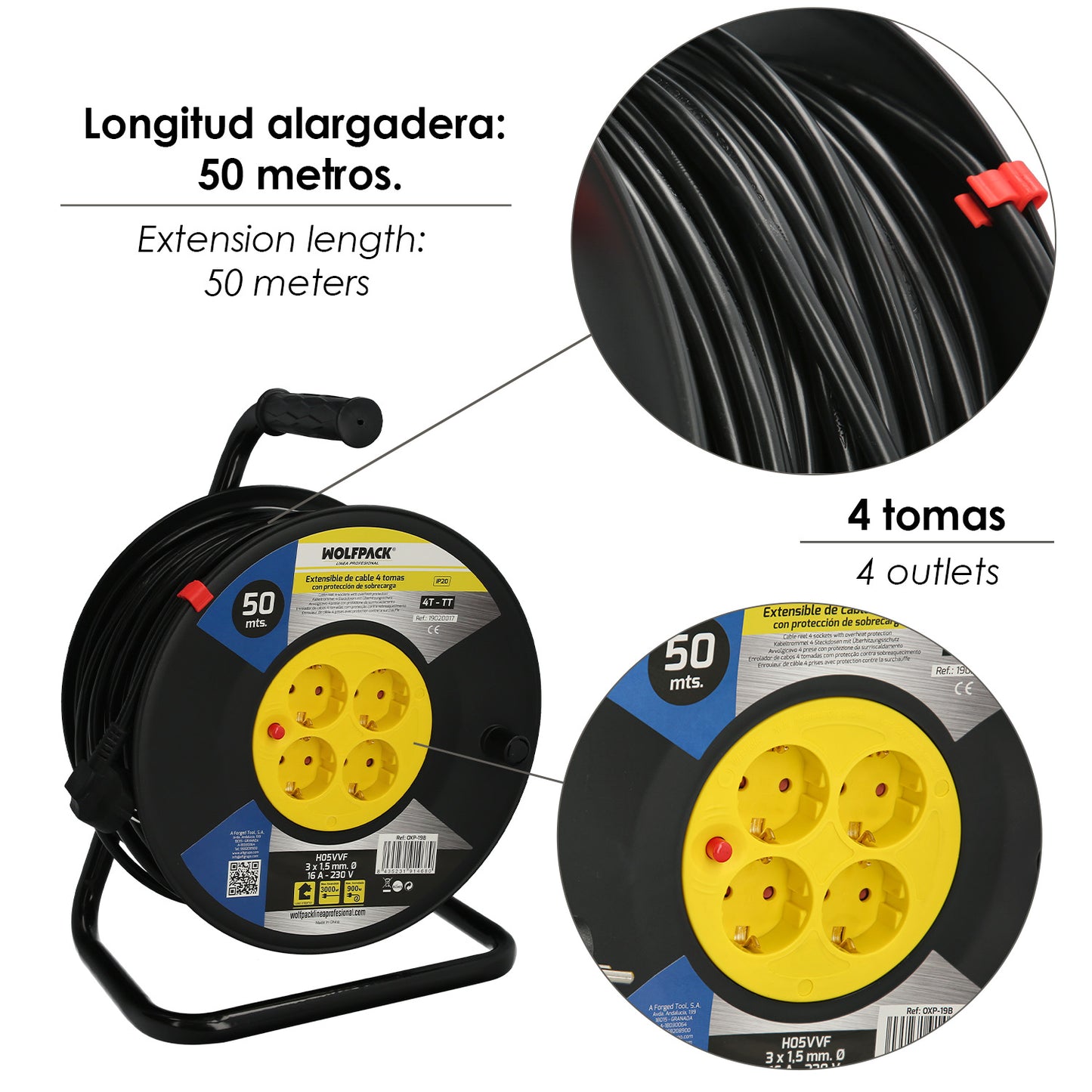 Industrial Extensível 4 Soquetes 50 Metros 3 x 1,5 mm. com proteção contra sobrecarga
