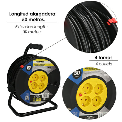 Industrial Extensível 4 Soquetes 50 Metros 3 x 1,5 mm. com proteção contra sobrecarga