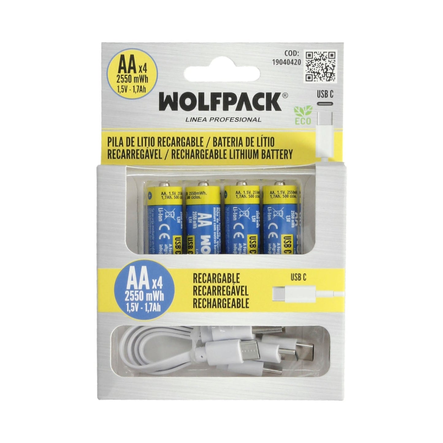 Pila Litio Recargable "AA" 1,5V USB-C (4 Unidades)