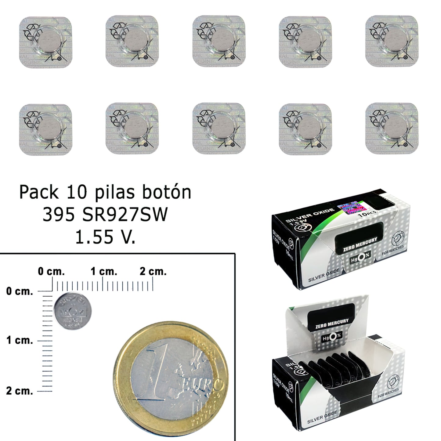 Bateria de botão de óxido de prata 395 / SR927SW (caixa com 10 baterias)