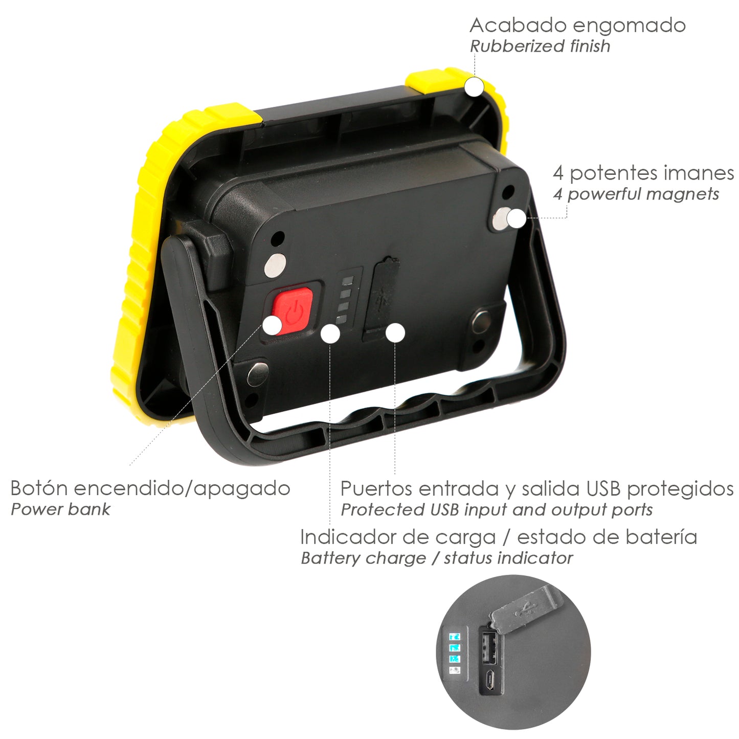 Lanterna de trabalho LED multifuncional recarregável de 2.000 mAh. / 10 W. / 500 Lumens / 4 Ímãs / Bateria Externa / Suporte 180º