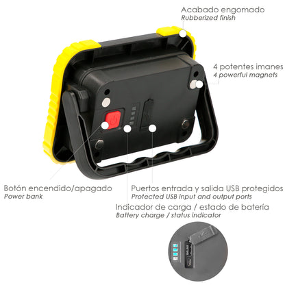 Lanterna de trabalho LED multifuncional recarregável de 2.000 mAh. / 10 W. / 500 Lumens / 4 Ímãs / Bateria Externa / Suporte 180º
