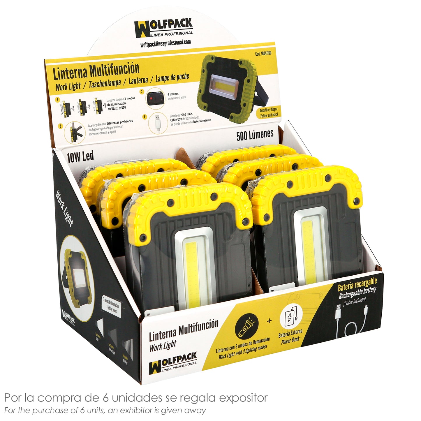 Lanterna de trabalho LED multifuncional recarregável de 2.000 mAh. / 10 W. / 500 Lumens / 4 Ímãs / Bateria Externa / Suporte 180º