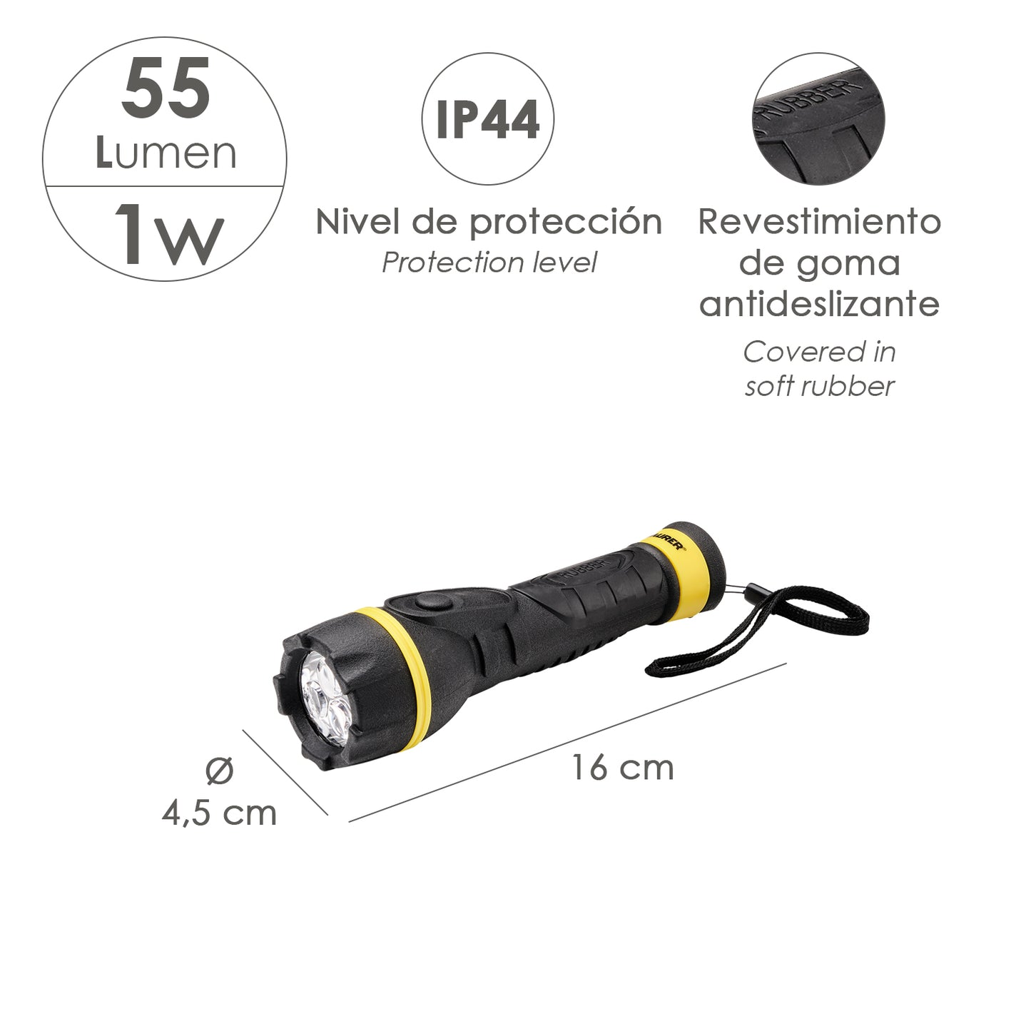 Lanterna LED de borracha antiderrapante operada por bateria (2 AA) 55 lúmens 1 Watt. Proteção IP44