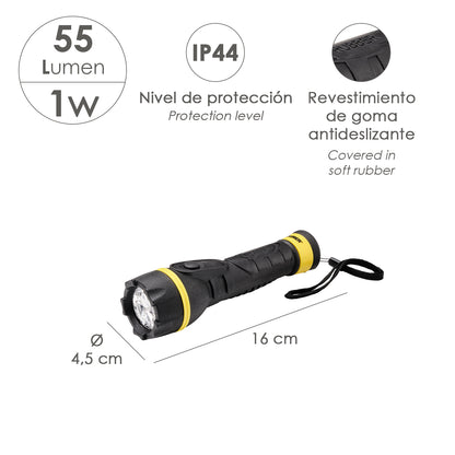 Lanterna LED de borracha antiderrapante operada por bateria (2 AA) 55 lúmens 1 Watt. Proteção IP44