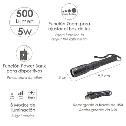 Lanterna LED portátil com bateria recarregável com função Powerbank (2.000 mAh) 500 Lumens (5 Watts) com função Zoom