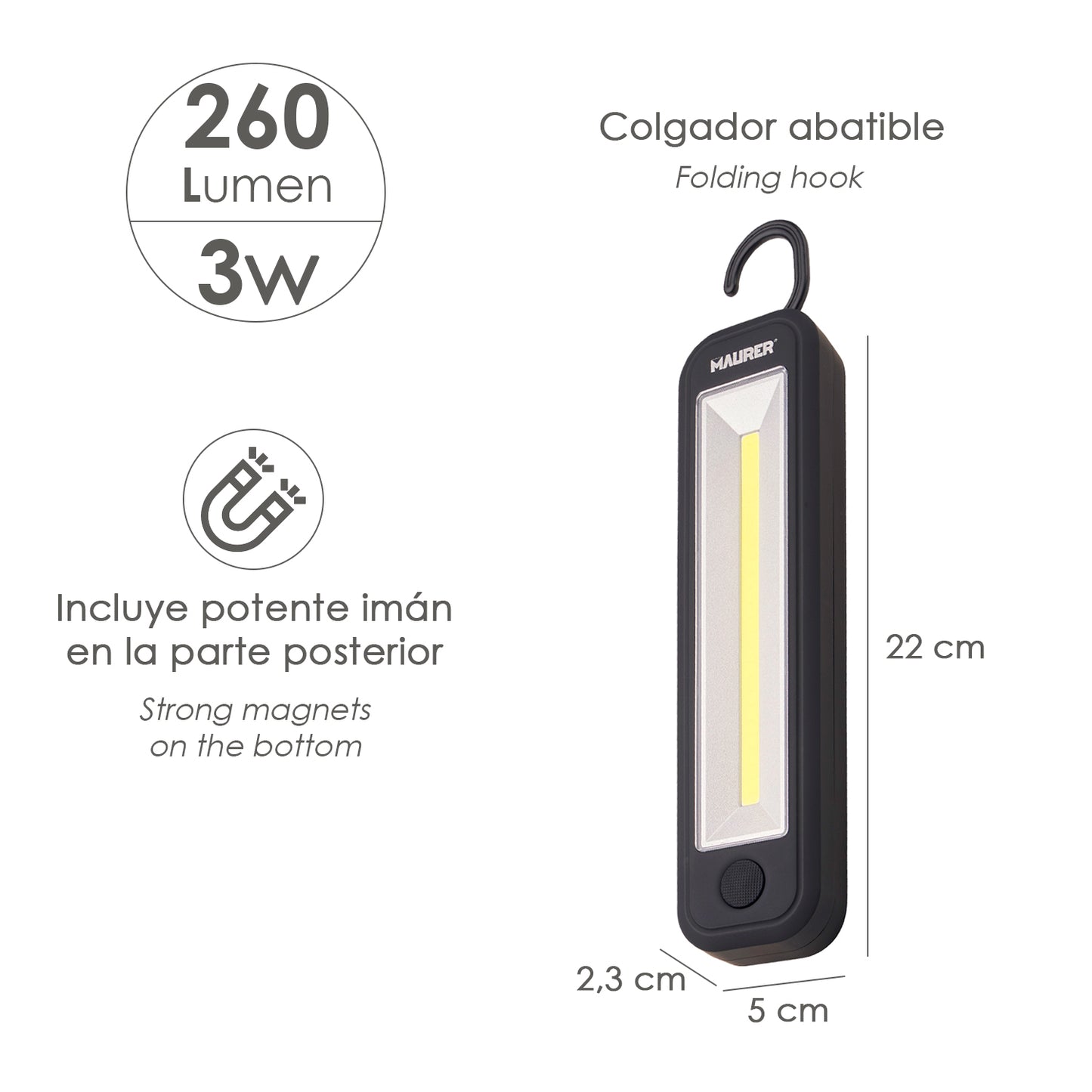 Lanterna LED profissional operada por bateria (4 AA) 260 lúmens 3 Watts. Com ímã e cabide