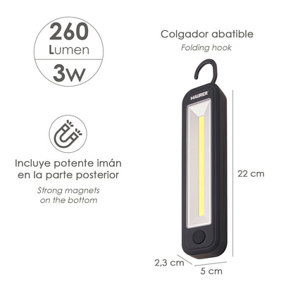 Lanterna LED profissional operada por bateria (4 AA) 260 lúmens 3 Watts. Com ímã e cabide