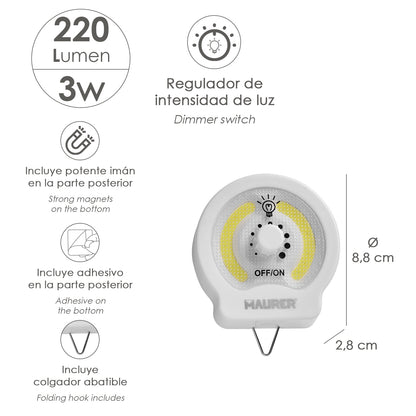 Linterna LED Armario Dinmerable A Pilas (3 AAA) 220 Lumenes Con Iman, Gancho y Adhesivo