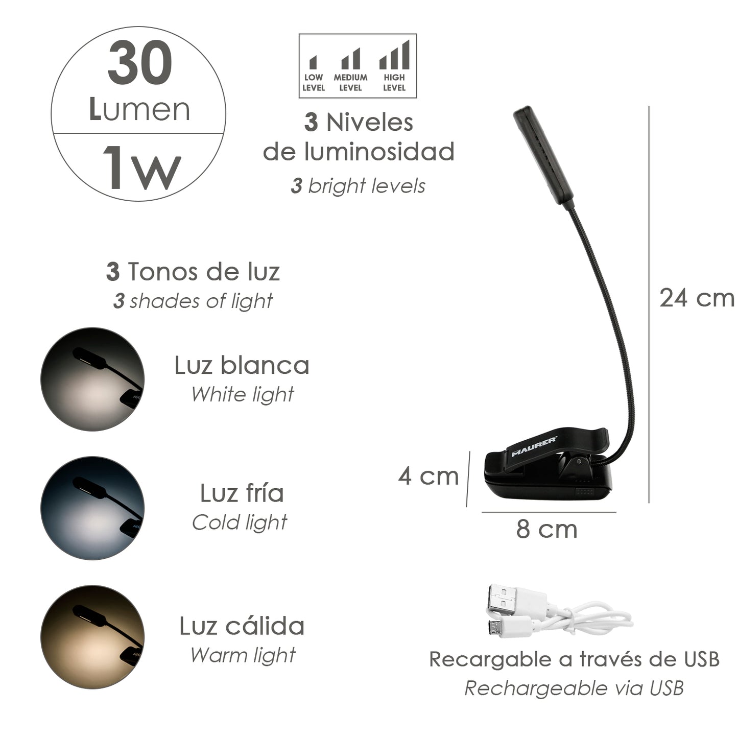 Lanterna LED de mesa/leitura Bateria recarregável (1.000 mAh) 30 lúmens com clipe, 3 tons claros e 3 níveis de brilho