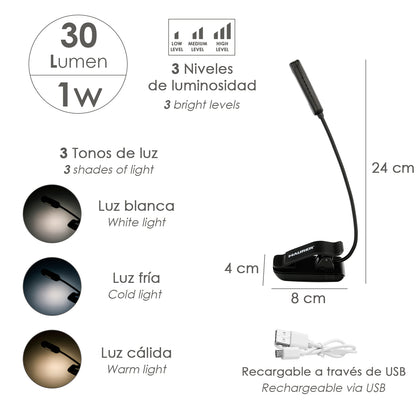 Lanterna LED de mesa/leitura Bateria recarregável (1.000 mAh) 30 lúmens com clipe, 3 tons claros e 3 níveis de brilho