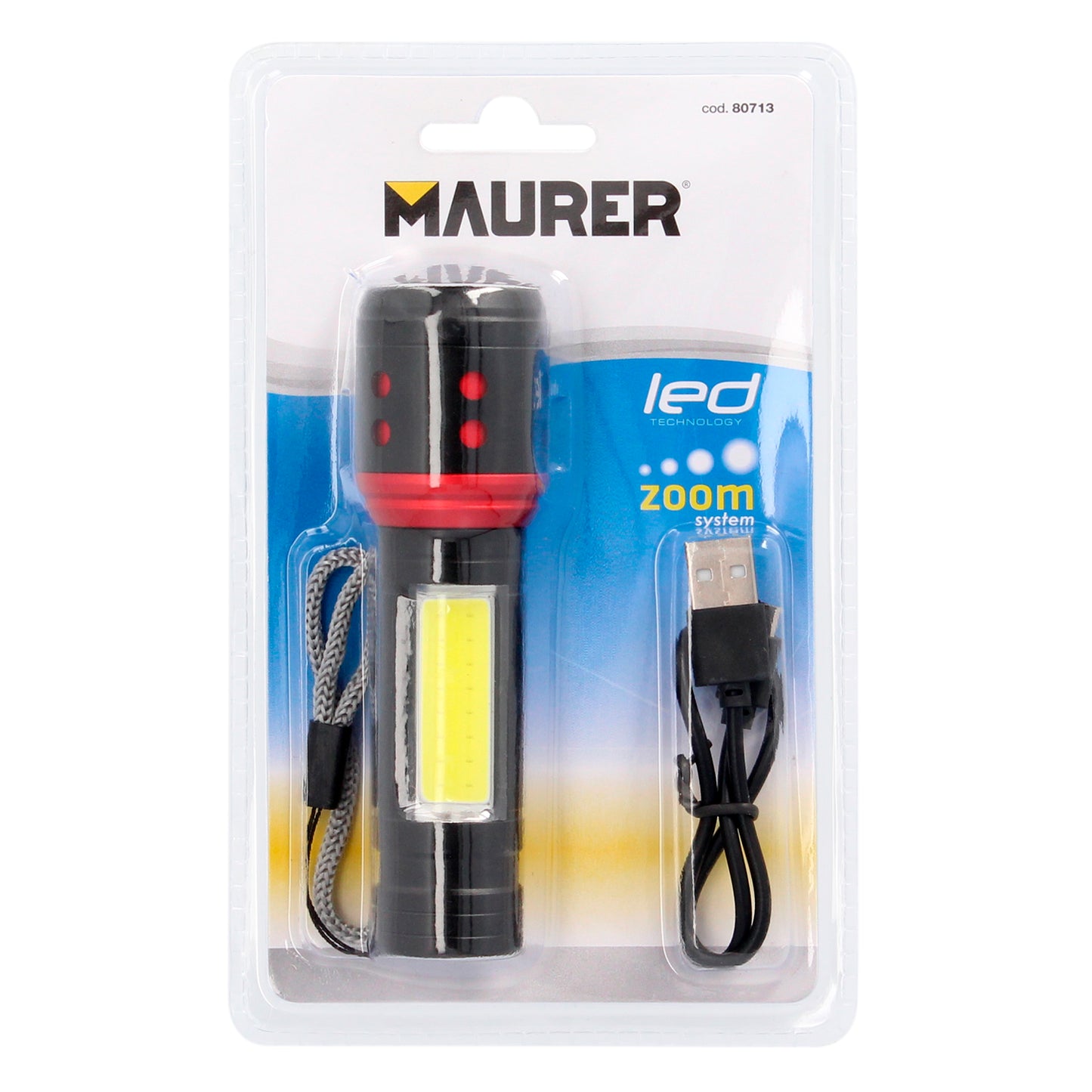 Linterna LED De Mano Metalica Bateria Recargable (1.200 mAh) Luz Frontal / Lateral Hasta 300 Lumenes 5 Watt. Con Función Zoom