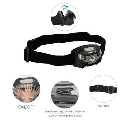 Linterna Led Frontal Cabeza Litio Usb Recargable. 3 modos de luz. 120 LUM. Sensor de encendido y apagado.