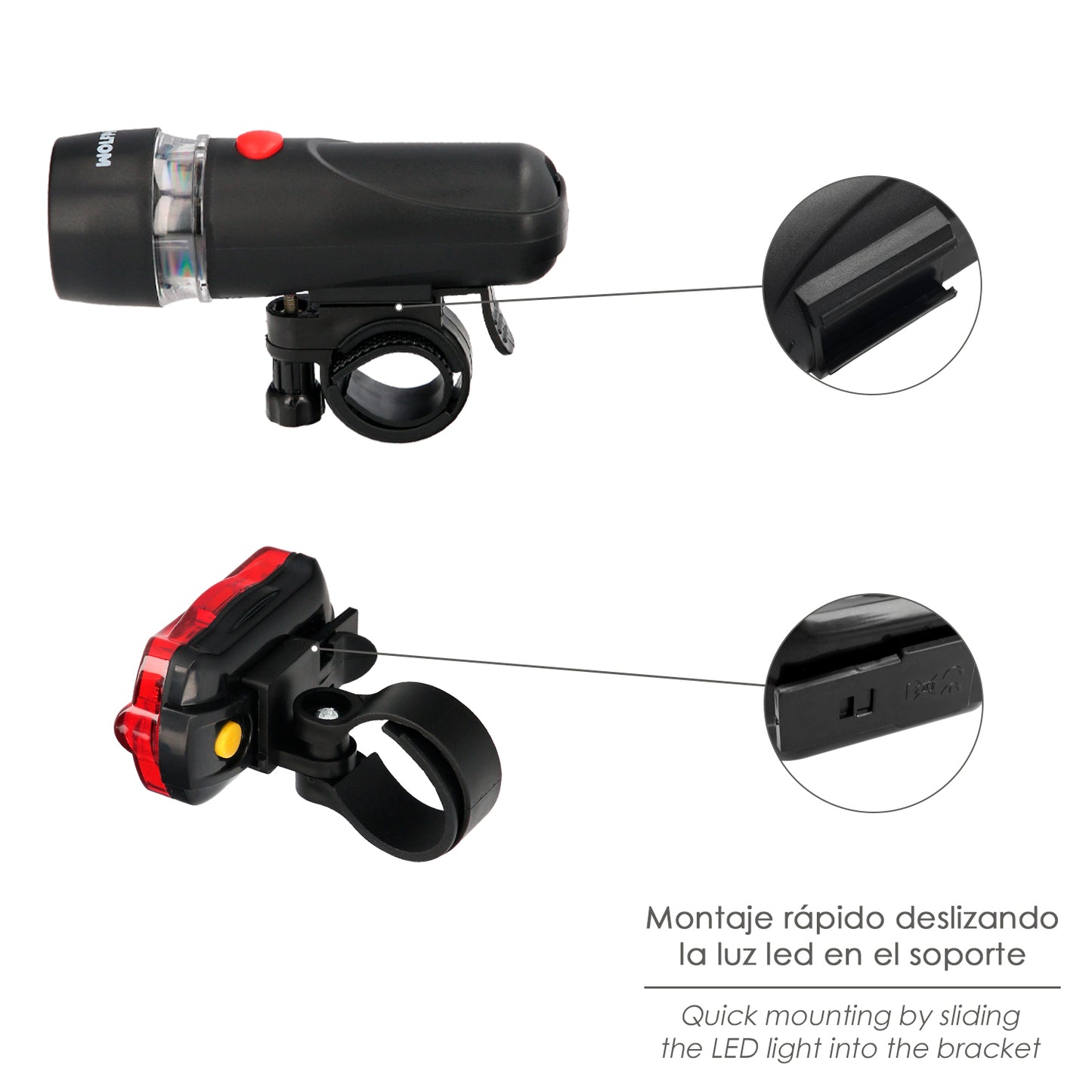 Kit Luces Led Delantera y Trasera Para Bicicleta / Patinete. Funcionamiento a Pilas.