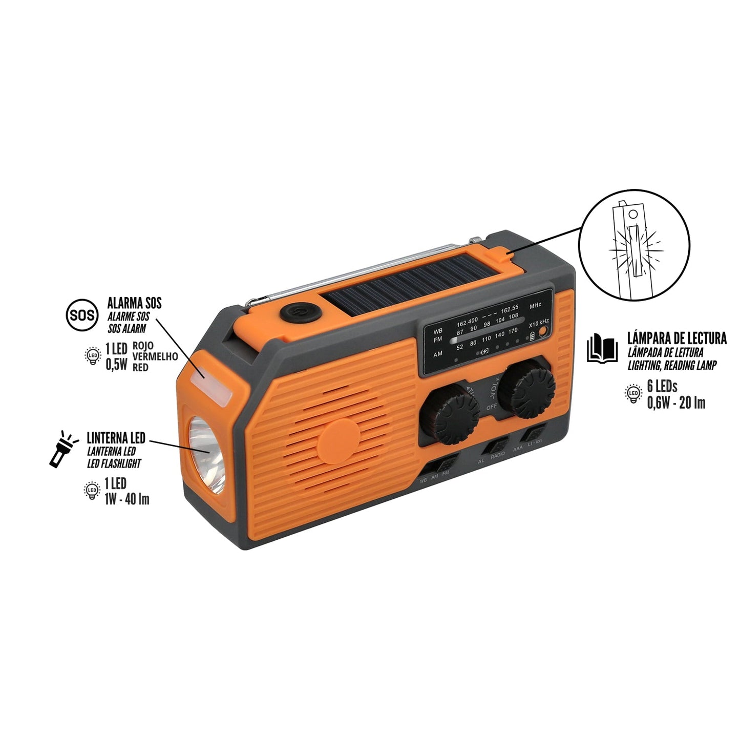 Linterna Led De Emergencia Solar Con Radio, Con Bateria, Carga Manual Dinamo