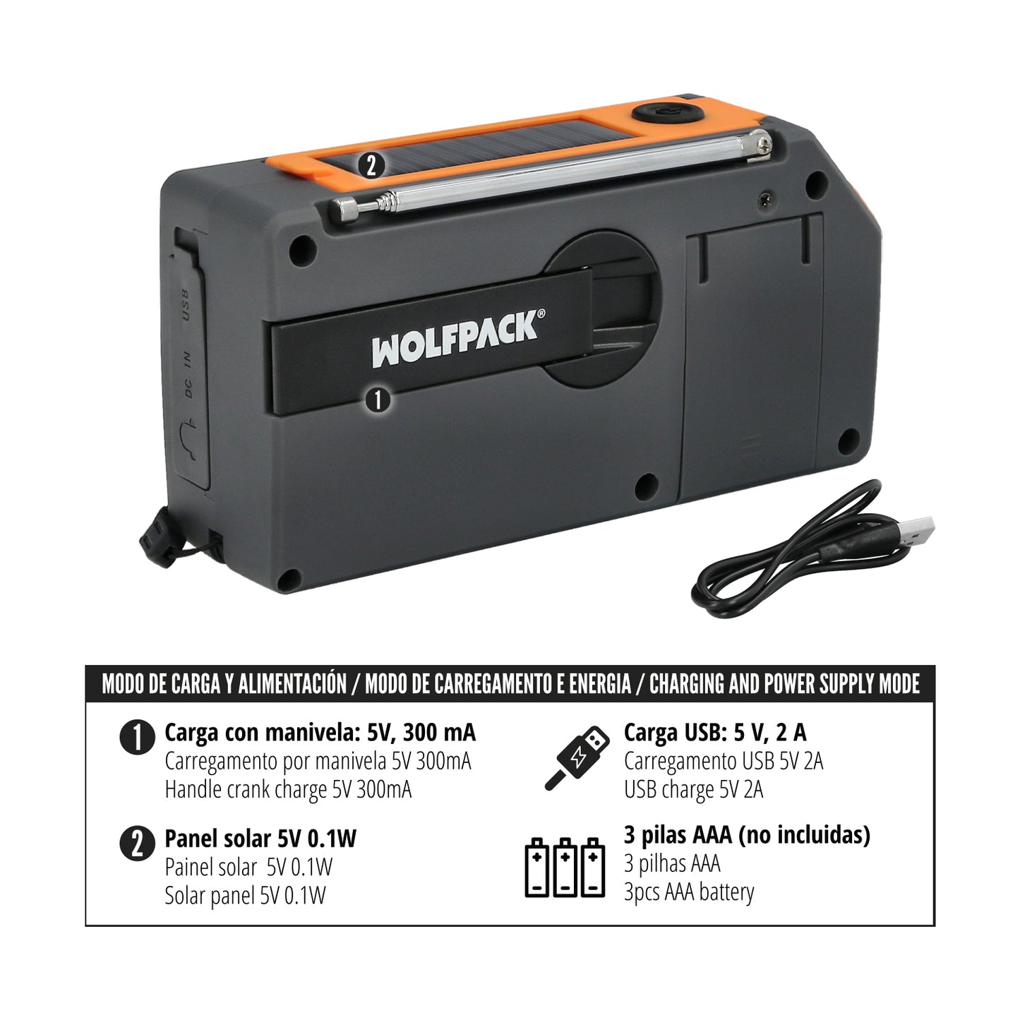 Linterna Led De Emergencia Solar Con Radio, Con Bateria, Carga Manual Dinamo