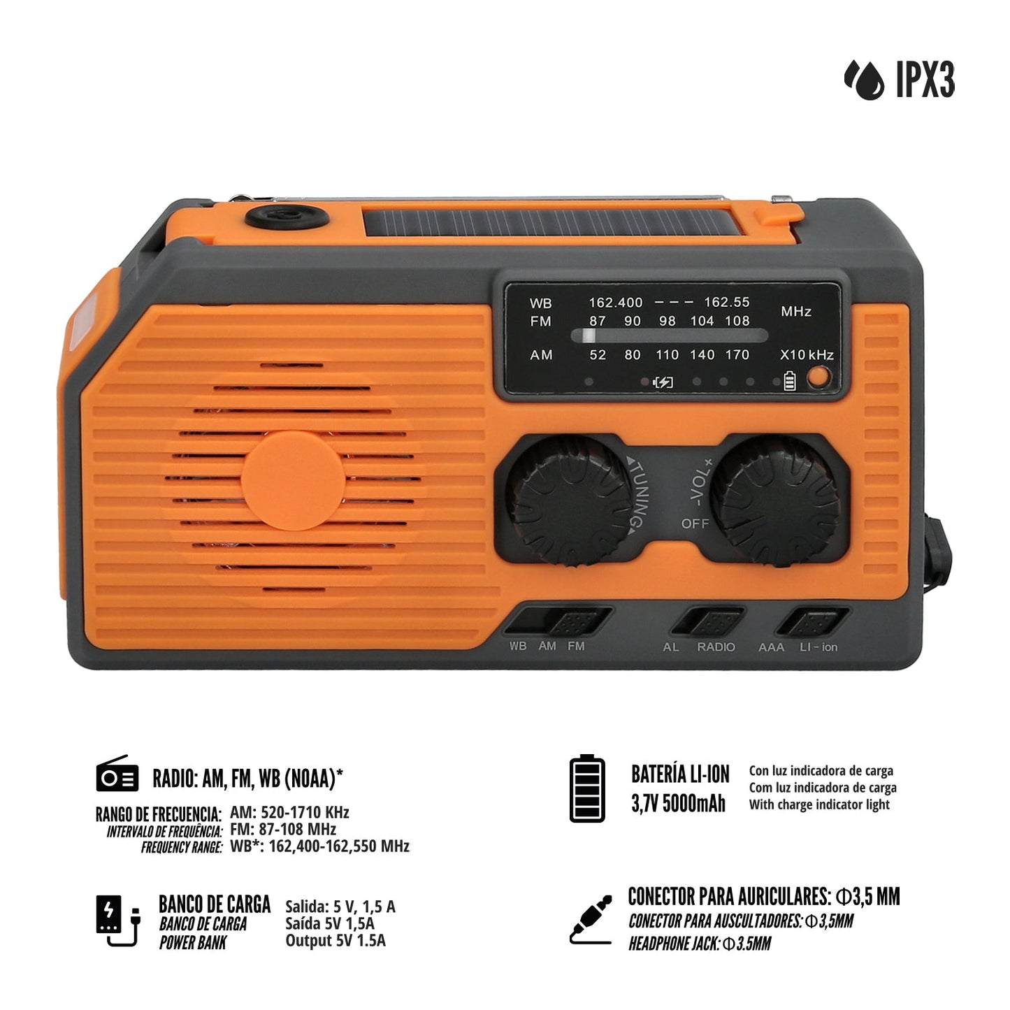 Linterna Led De Emergencia Solar Con Radio, Con Bateria, Carga Manual Dinamo