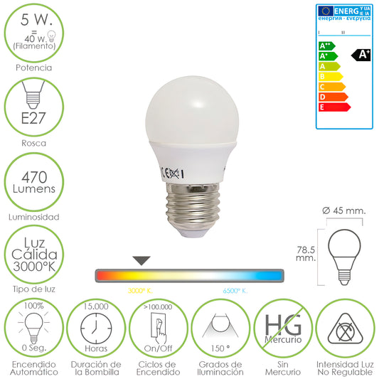 Lâmpada Led Esférica E27 5 W. - 40 W. 470 lumens. Luz quente (3.000 °K).