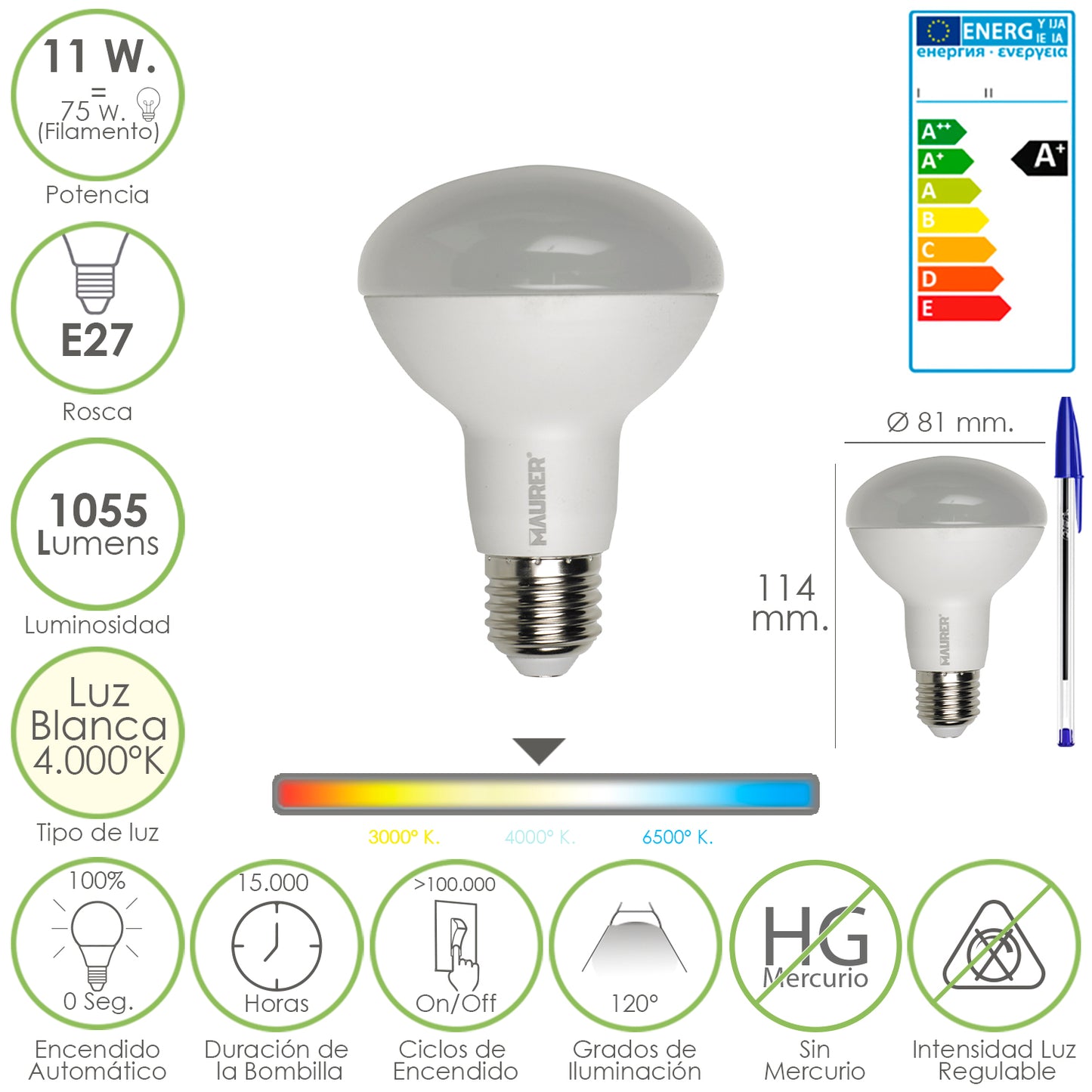 Lâmpada Led Padrão Rosca E27 (Fat) 11 Watt. Equivalente a 75 Watts. 1055 lúmens. Luz Branca (4.000º K) A+