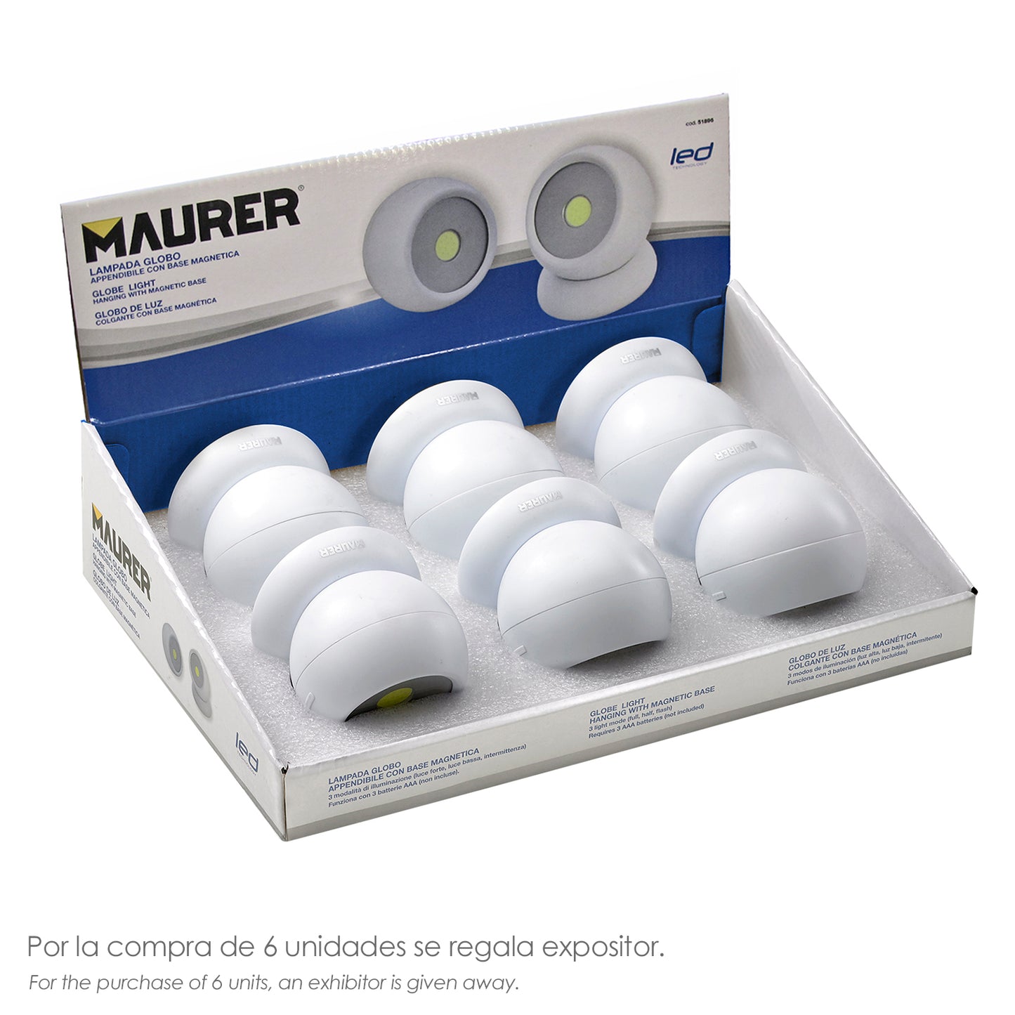 Linterna LED Armario Esfera A Pilas (3 AAA) 120 Lumenes Ajustable 300º Con Iman y Adhesivo.