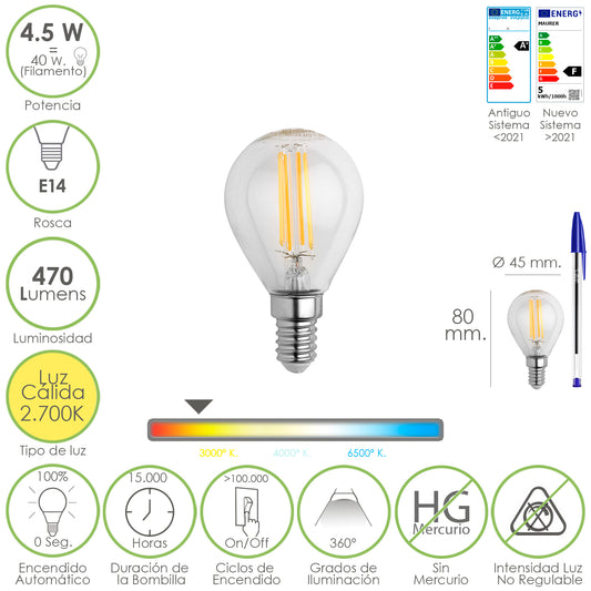 Led Filamento Bulbo Sphere Thread E14. 4,5 Watts. Equivalente a 40 Watts. 470 lúmens. Luz quente (2700º K.)
