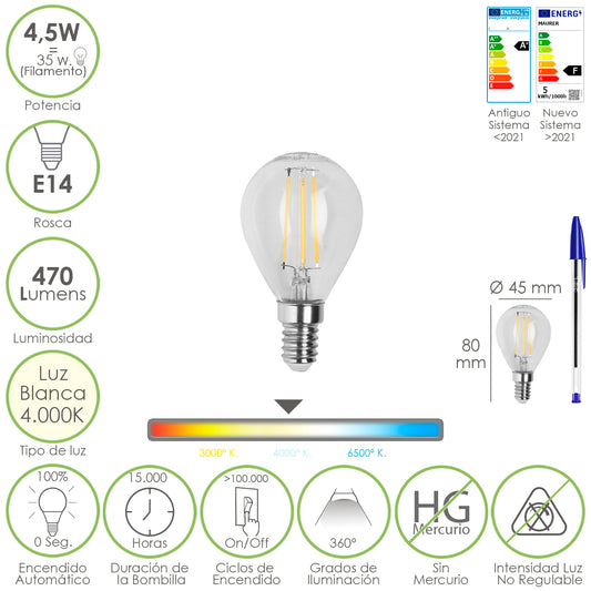 Led Filamento Bulbo Sphere Thread E14. 4,5 Watts. Equivalente a 35 Watts. 470 lúmens. Luz Neutra 4000º K.