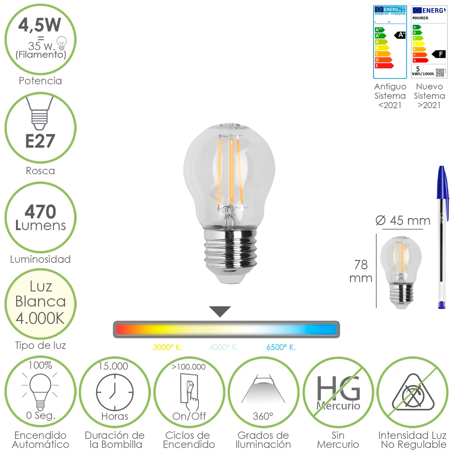 Led Filamento Bulbo Sphere Thread E27. 4,5 Watts. Equivalente a 35 Watts. 470 lúmens. Luz Neutra 4000º K.