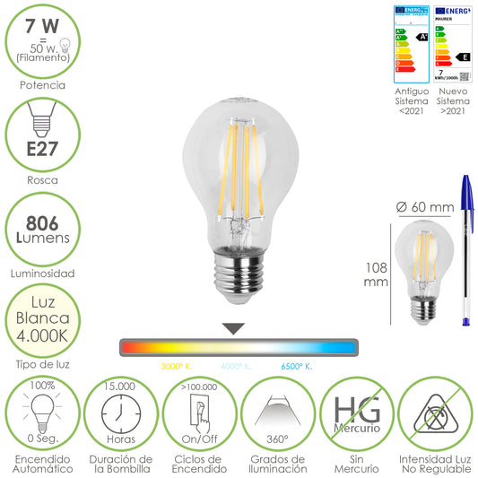 Lâmpada Led de Filamento Padrão Rosca E27. 7 watts. Equivalente a 50 Watts. 806 lúmens. Luz Neutra 4000º K.