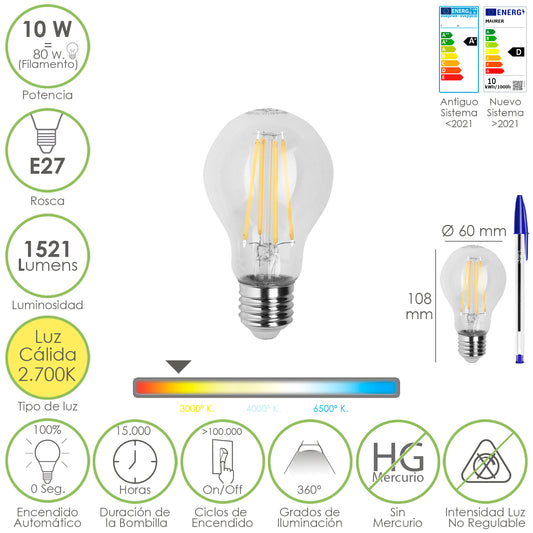 Lâmpada Led de Filamento Padrão Rosca E27. 10 Watts. Equivalente a 80 Watts. 1521 lúmens. Luz Quente 2700º K.
