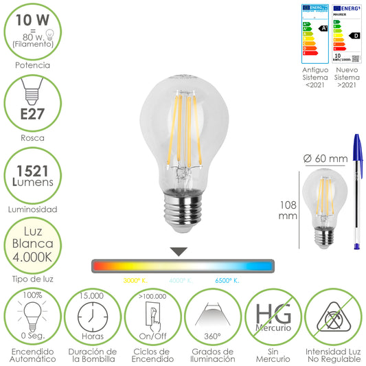 Lâmpada Led de Filamento Padrão Rosca E27. 10 Watts. Equivalente a 80 Watts. 1521 lúmens. Luz Neutra 4000º K.