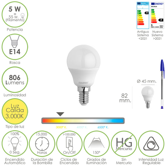 E14 Parafuso Lâmpada Esférica Led. 5 watts. Equivalente a 55 Watts. 806 lúmens. Luz quente regulável (3000º K.)