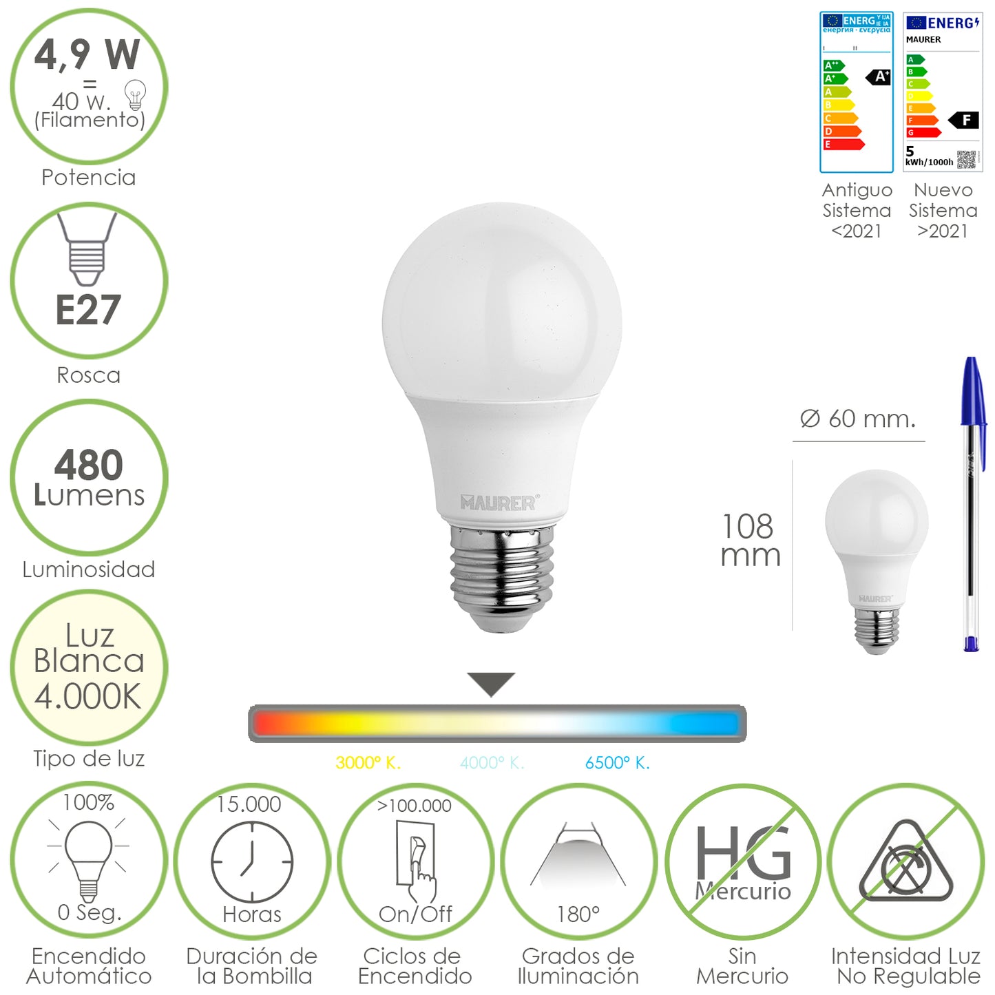 Bombilla Led Estandar Rosca E27. 4.9 Watt. Equivale A 40 Watt. 480 Lumenes. Luz Blanca (4000º K.)