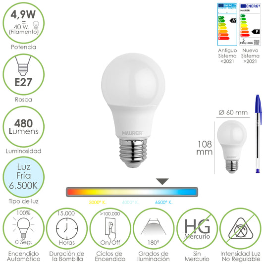 Lâmpada LED padrão E27 rosca. 4,9 Watts. Equivalente a 40 Watts. 480 lúmens. Luz Fria (6500º K.)