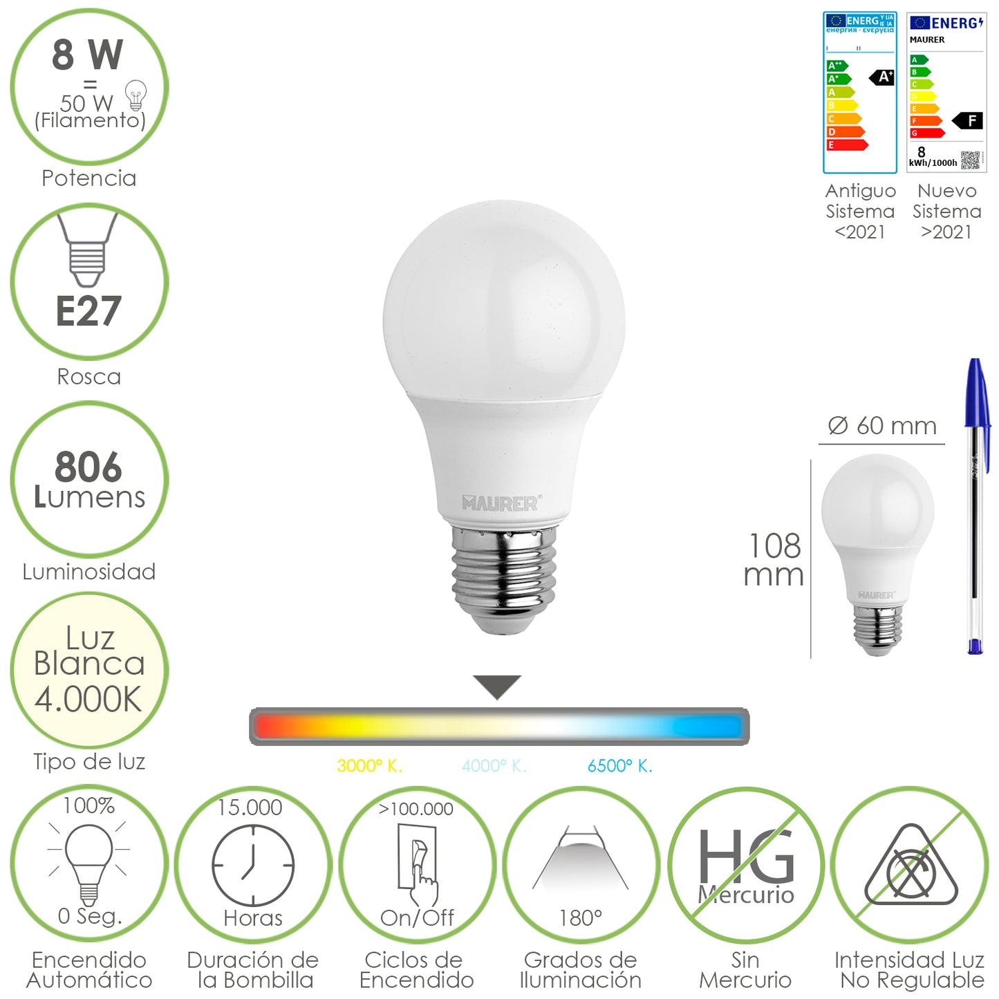 Lâmpada LED padrão E27 rosca. 8 watts. Equivalente a 65 Watts. 806 lúmens. Luz Neutra (4000º K.)