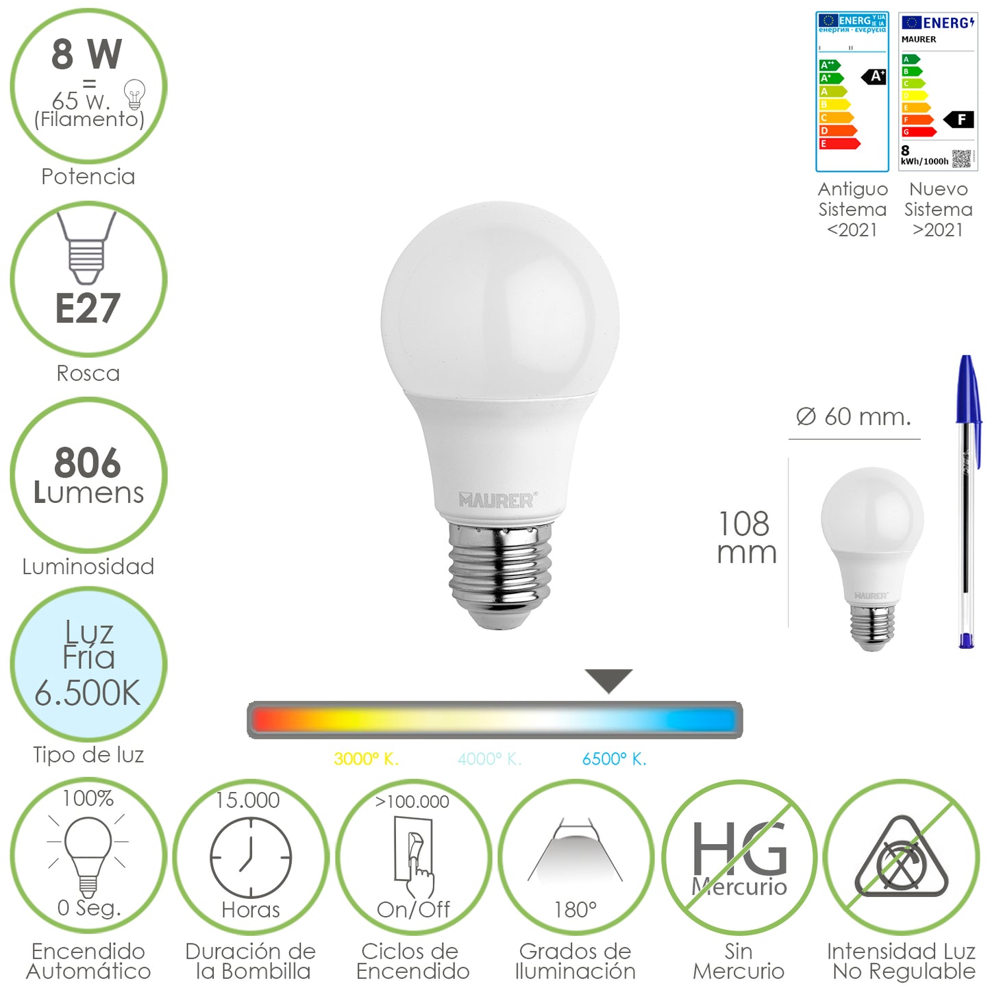 Bombilla Led Estandar Rosca E27. 8 Watt. Equivale A 65 Watt. 806 Lumenes. Luz Fría (6500º K.)