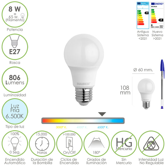 Lâmpada LED padrão E27 rosca. 8 watts. Equivalente a 65 Watts. 806 lúmens. Luz Fria (6500º K.)