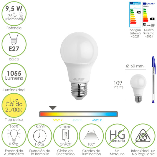 Lâmpada LED padrão E27 rosca. 9,5 Watts. Equivalente a 75 Watts. 1055 lúmens. Luz Quente (2700º K)