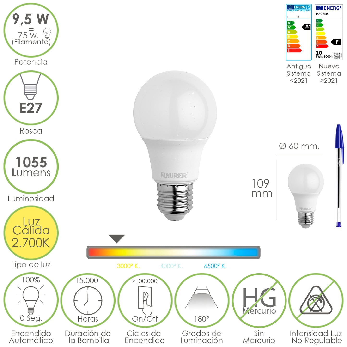 Lâmpada LED padrão E27 rosca. 9,5 Watts. Equivalente a 75 Watts. 1055 lúmens. Luz Quente (2700º K)