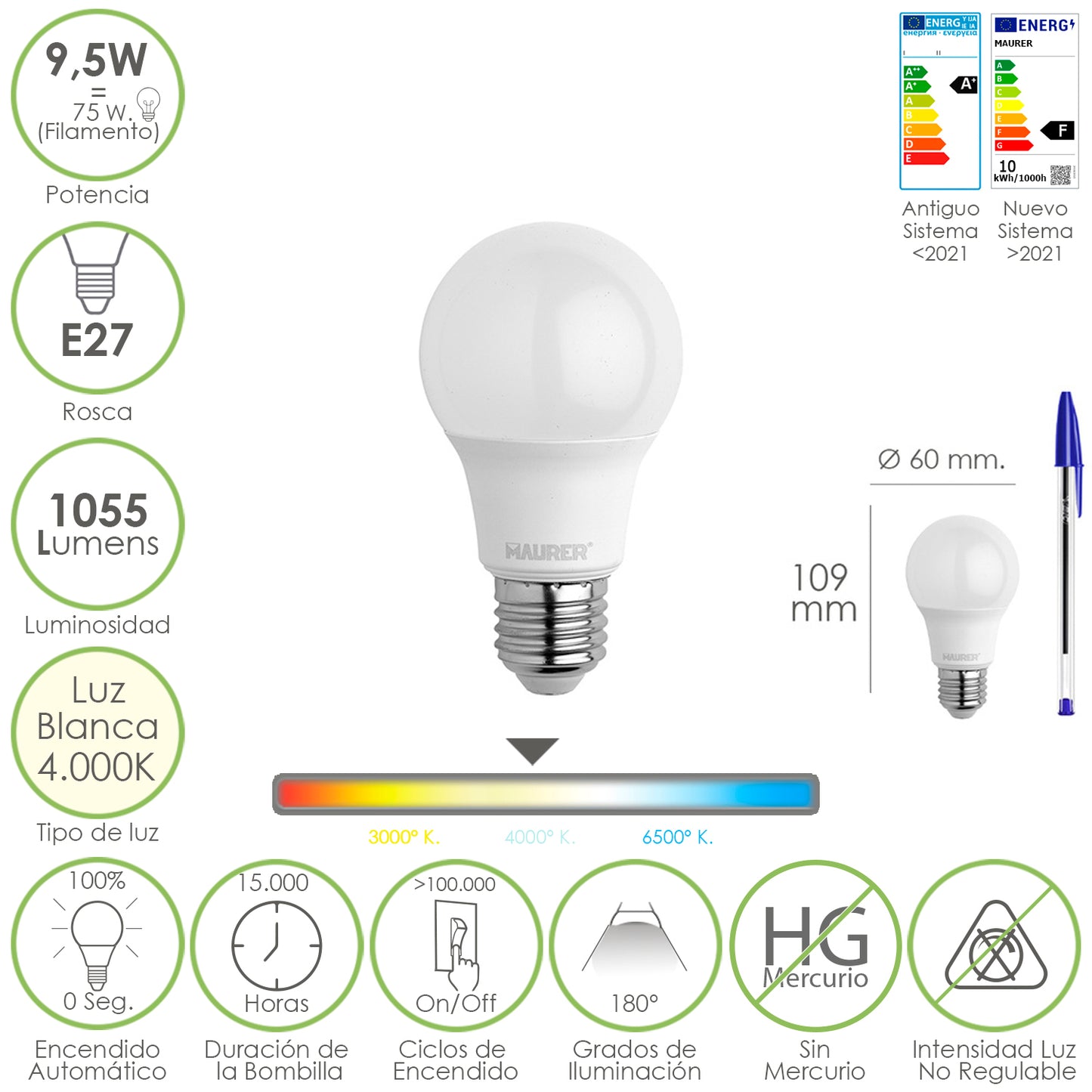 Bombilla Led Estandar Rosca E27. 9.5 Watt. Equivale A 75 Watt. 1055 Lumenes. Luz Neutra (4000º K.)