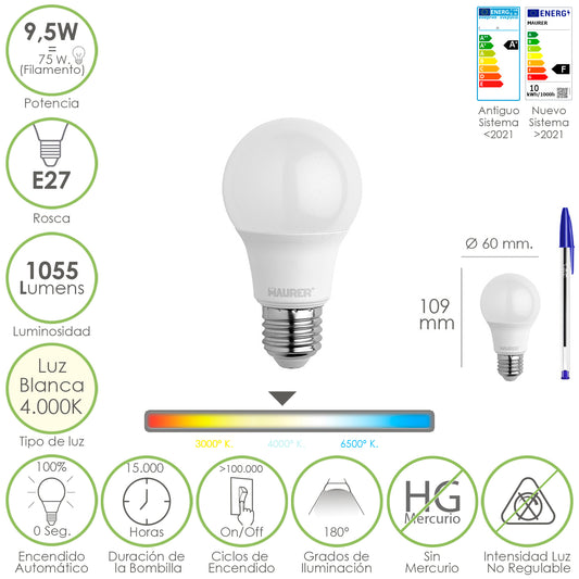 Lâmpada LED padrão E27 rosca. 9,5 Watts. Equivalente a 75 Watts. 1055 lúmens. Luz Neutra (4000º K.)