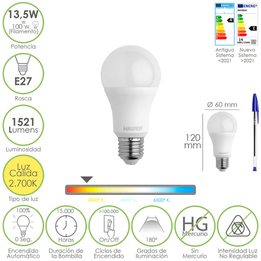 Lâmpada LED padrão E27 rosca. 13,5 Watts. É equivalente a 100 Watts. 1521 lúmens. Luz quente (3000º K.)