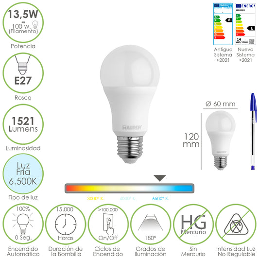 Lâmpada LED padrão E27 rosca. 13,5 Watts. É equivalente a 100 Watts. 1521 lúmens. Luz Fria (6500º K.)