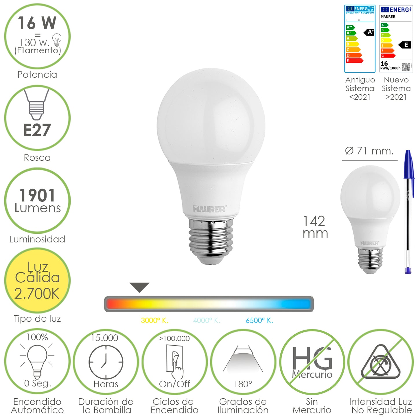 Bombilla Led Estandar Rosca E27. 16 Watt. Equivale A 130 Watt. 1901 Lumenes. Luz Calida 2.700º K.