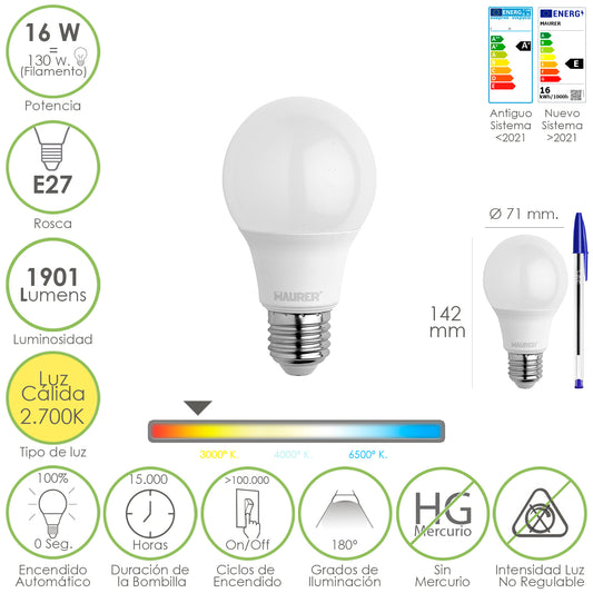 Lâmpada LED padrão E27 rosca. 16 Watts. Equivalente a 130 Watts. 1901 Lúmens. Luz Quente 2.700º K.