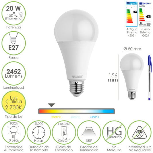 Lâmpada LED padrão E27 rosca. 20 watts. Equivalente a 150 Watts. 2452 lúmens. Luz quente (3000º K.)