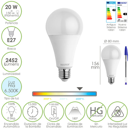 Lâmpada LED padrão E27 rosca. 20 watts. Equivalente a 150 Watts. 2452 lúmens. Luz Fria (6500º K.)