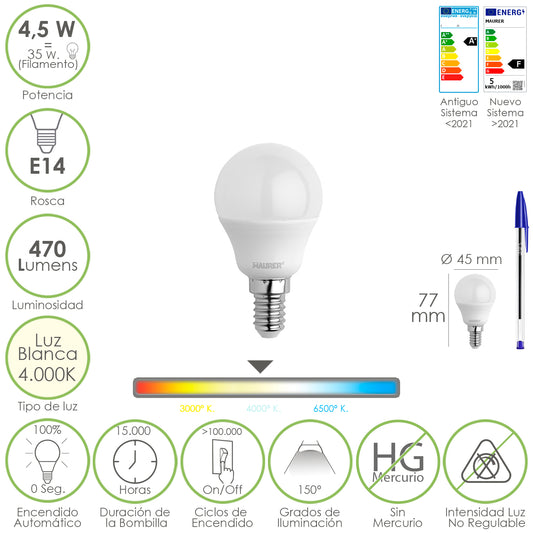 Lâmpada Led Esférica Rosca E14 4,5 Watt. Equivalente a 35 Watts. 470 lúmens. Luz Neutra (4000º K)