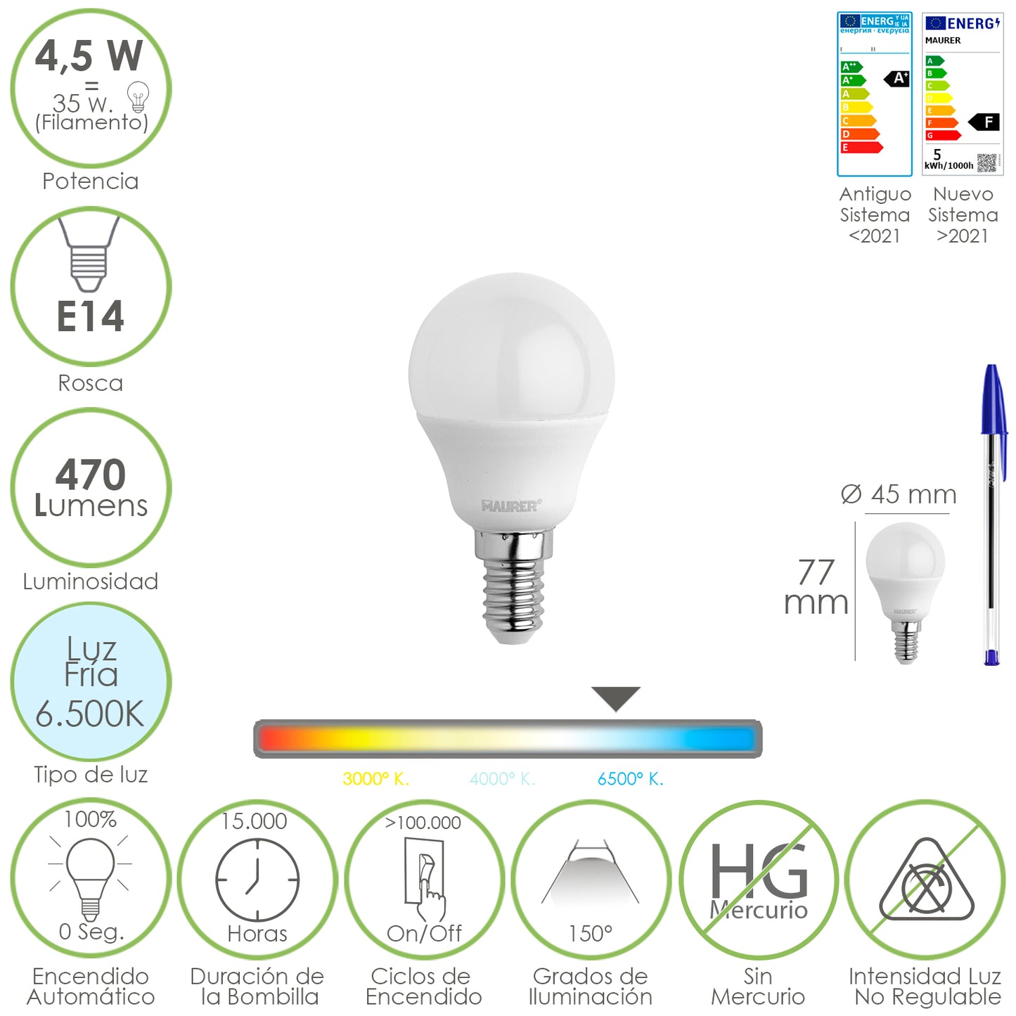 Lâmpada Led Esférica Rosca E14 4,5 Watt. Equivalente a 35 Watts. 470 lúmens. Luz Fria (6500º K)