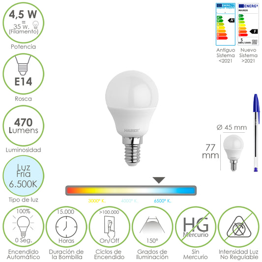 Lâmpada Led Esférica Rosca E14 4,5 Watt. Equivalente a 35 Watts. 470 lúmens. Luz Fria (6500º K)