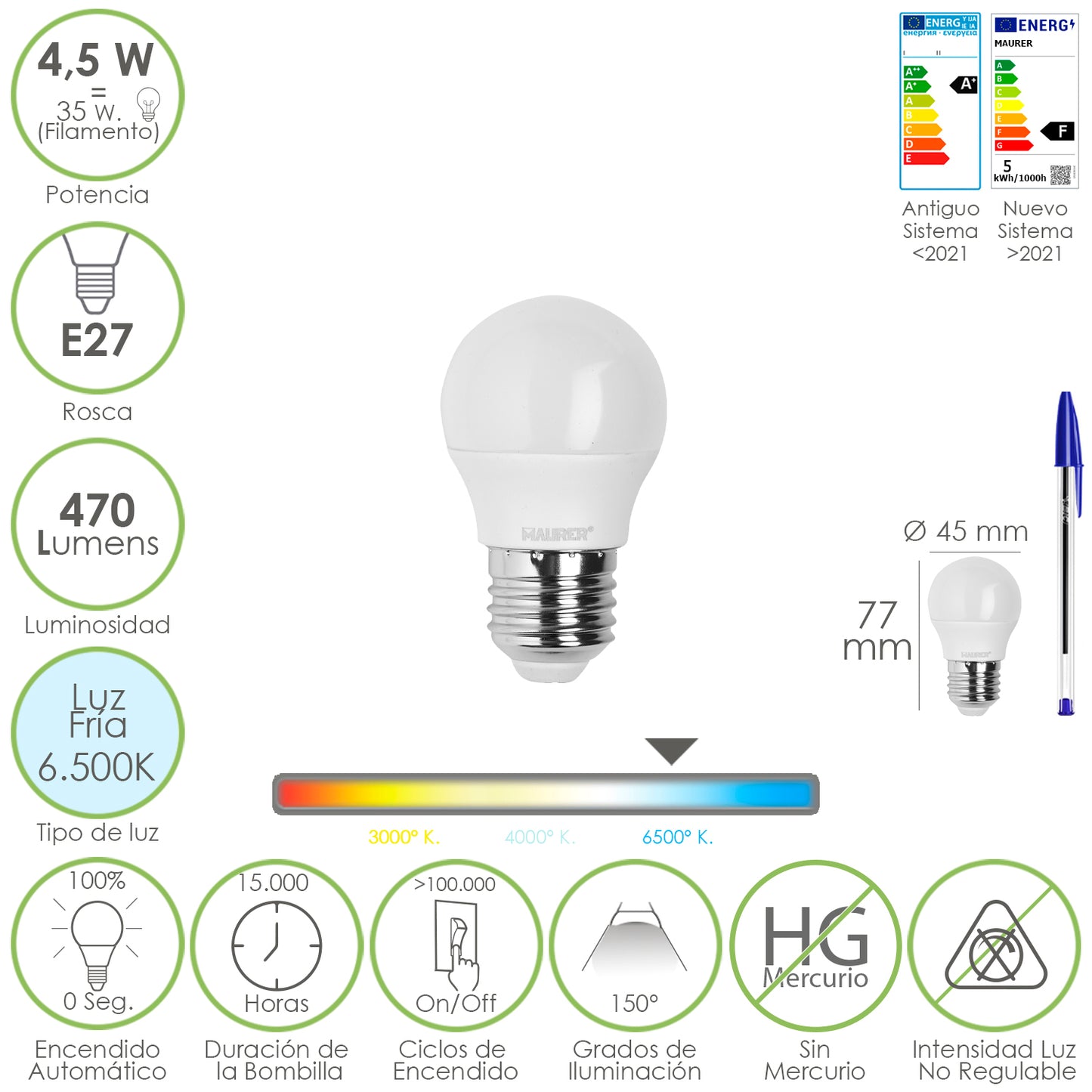 Lâmpada Led Esférica Rosca E27 4,5 Watt. Equivalente a 55 Watts. 470 lúmens. Luz Fria (6500º K)